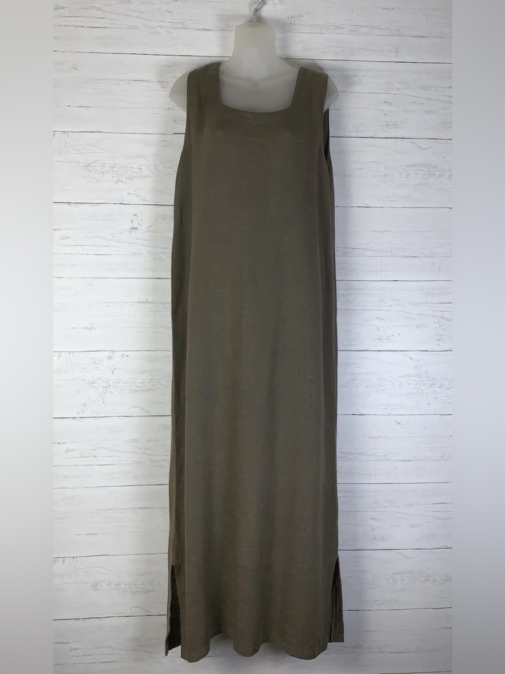Tom Tom Women's Maxi Dress Sleeveless Scoop Neck  Linen blend brown M side slits